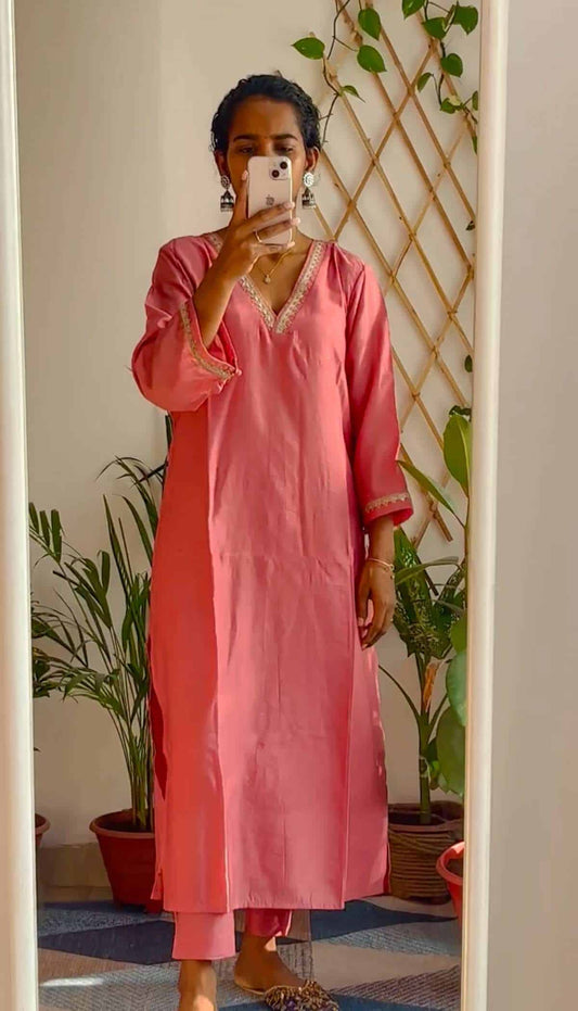 Blush Pink Chanderi Lace Kurta Set