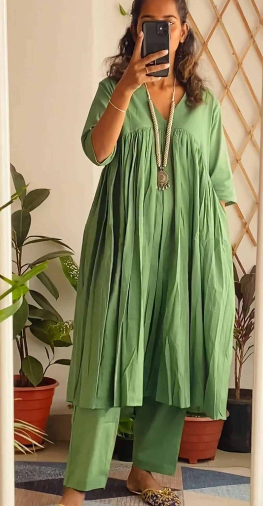 Pastel Green Mul Gathered Kurta set