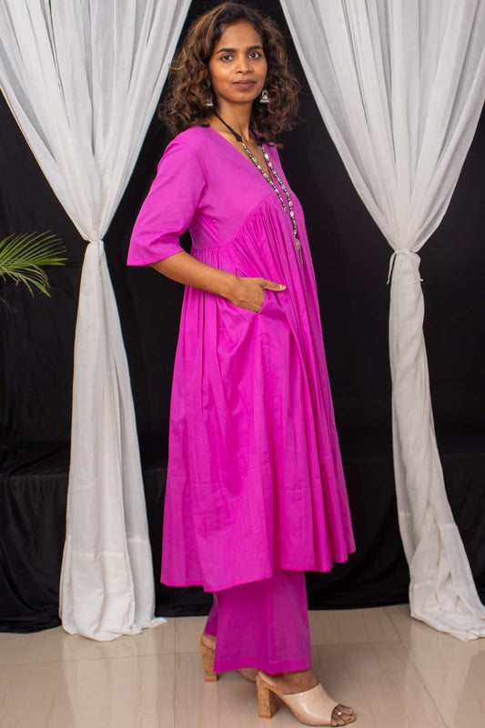 Purple Mul Gathered Kurta set