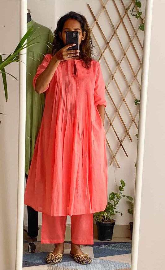 Pink Mul Pleated Kurta Set